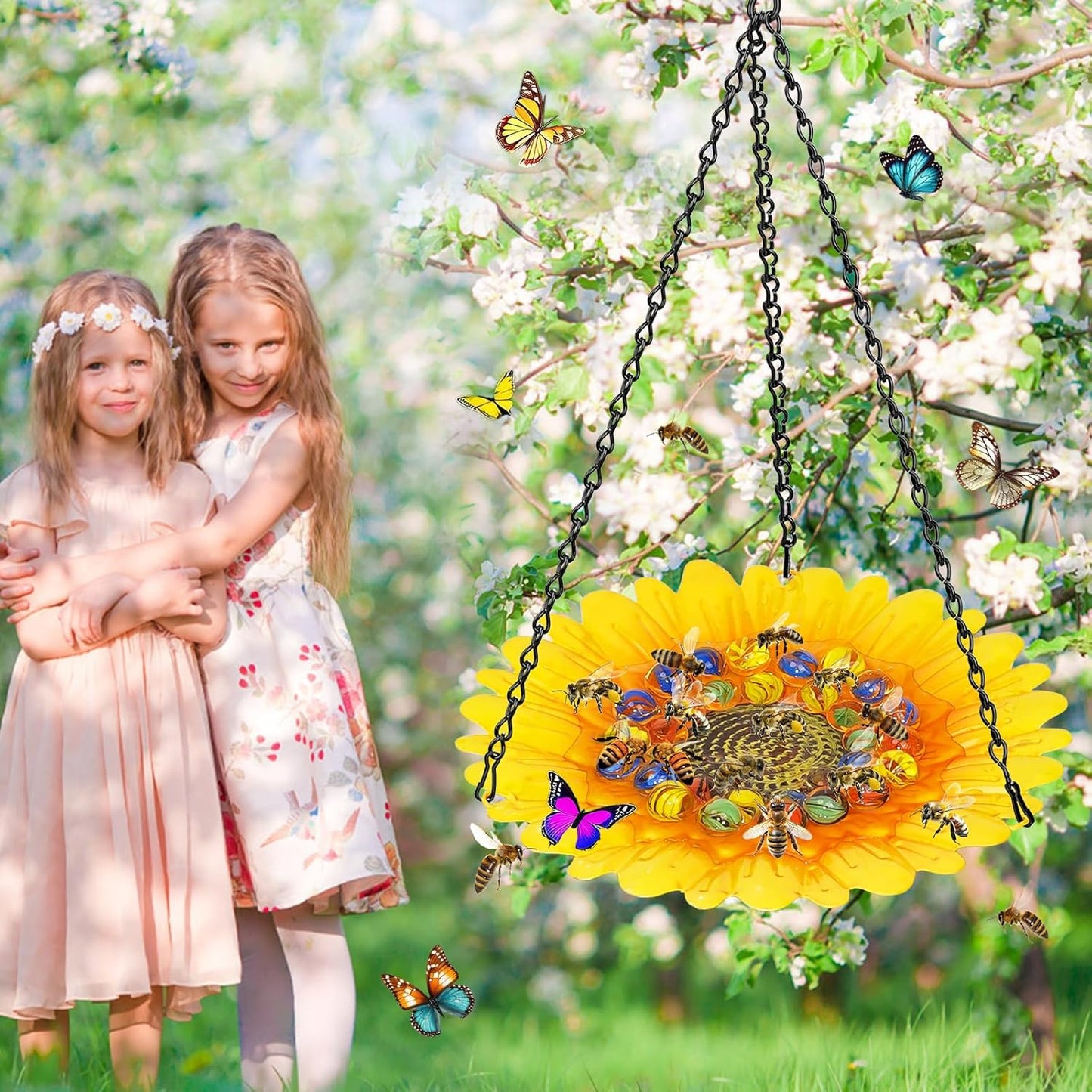 Bee Watering Station for Garden, Bee Bath Feeders for Outside with Vivid Flower Design, Hanging Butterfly Bath Bowl with Glass Balls for Outdoor Courtyard Decoration (2Pcs-Yellow)