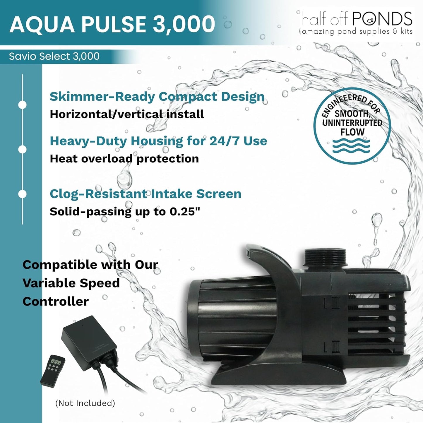 HALF OFF PONDS Savio Select 3,000 GPH Submersible Pump Pond Kit with 15' x 15' EPDM Rubber Pond Liner for Water Garden & Koi Pond