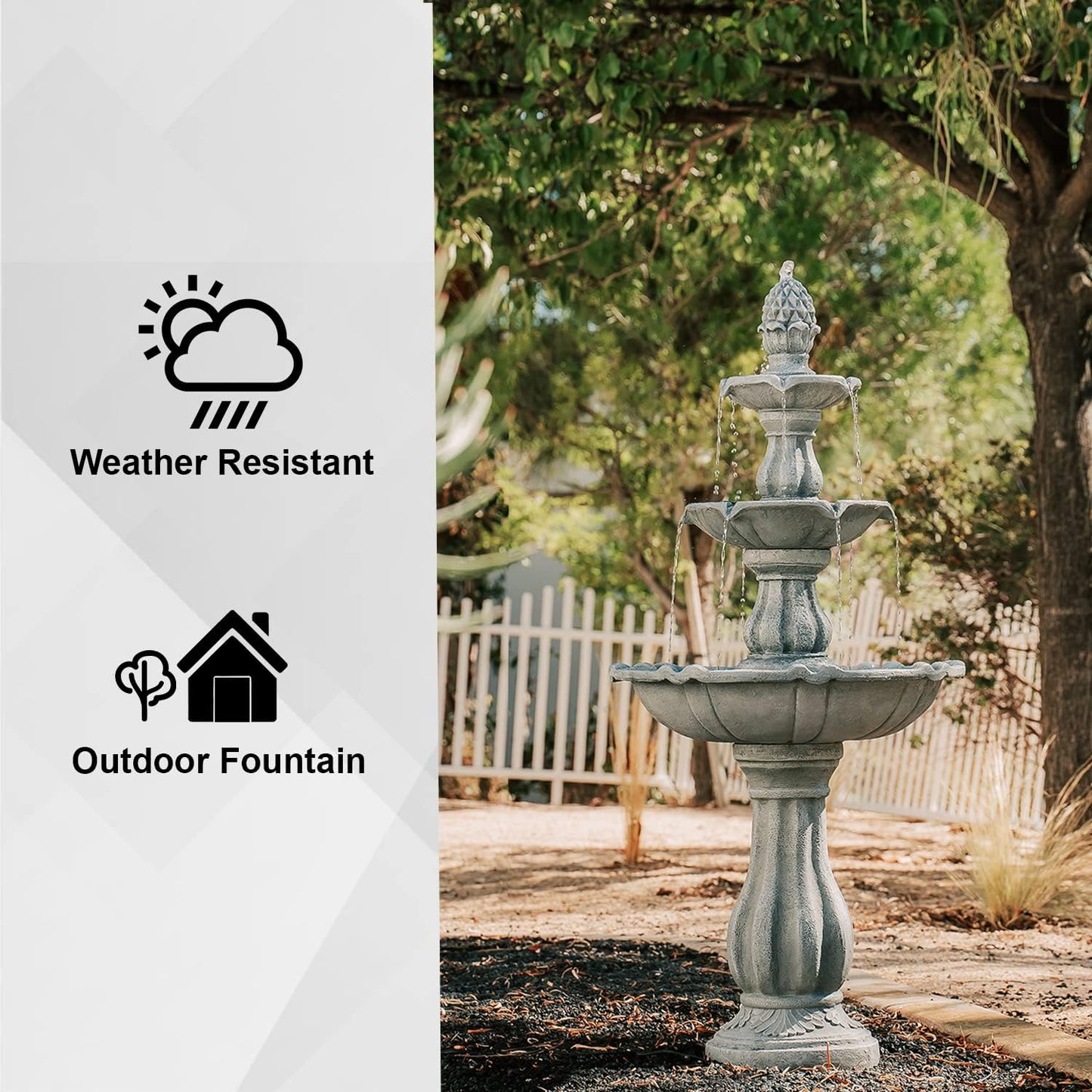 XBrand 3-Tier Freestanding Waterfall Fountain w/Pump & Pineapple Top, 51 Inch Tall, Grey, Large Outdoor Garden Fountain, Ideal for Garden, Porch, and Lawn