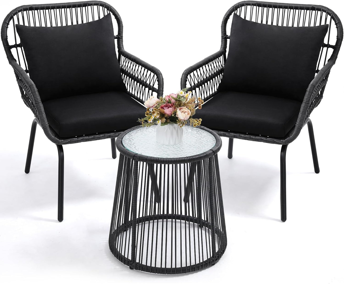 3 Pieces Rattan Wicker Bistro Set, Outdoor Conversation Set, Wicker Furniture Set with Glass Top Table, Space Saving for Balcony, Backyard, Black