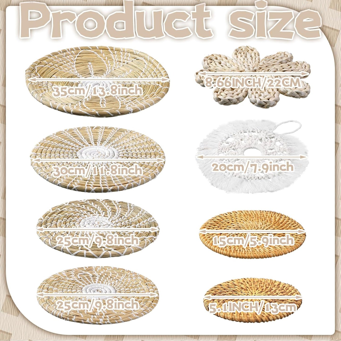 11 Pcs Boho Hanging Wall Basket Decor Handmade Woven Basket Wall Decorative Boho Wicker Baskets Placemats Round Farmhouse Bulrush Art for Rustic Home Decorations Christmas Gift(Fresh)