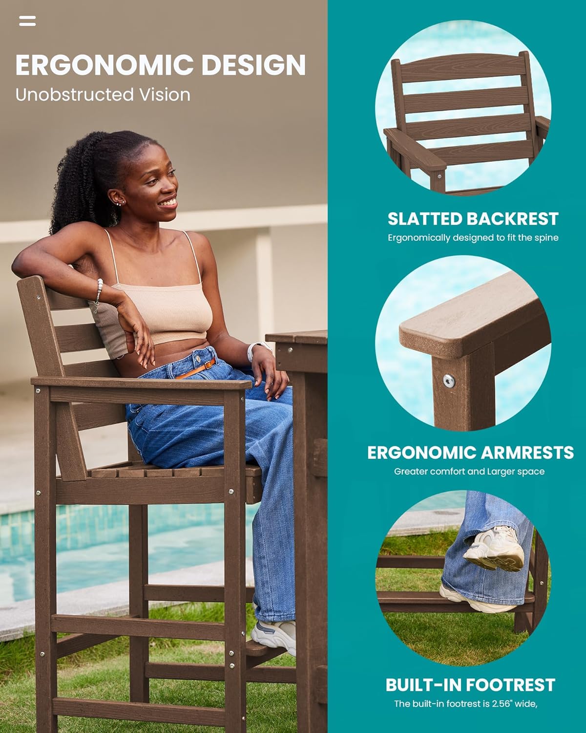 SERWALL Tall Adirondack Chairs Set of 2, Oversize Balcony Adirondack Chairs Set, Outdoor Bar Height Barstools Widened Chair Set for Bistro, Poolside, Garden, Brown