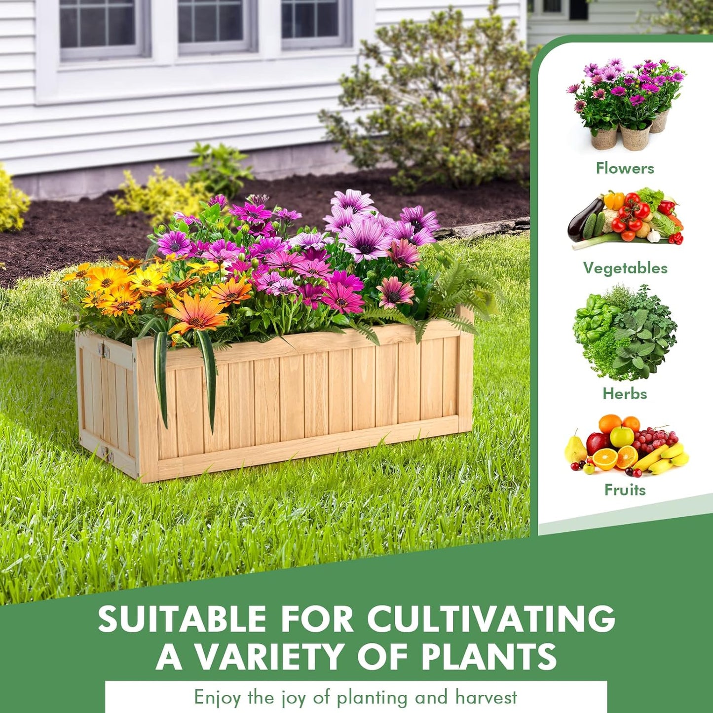 S AFSTAR Outdoor Wooden Planter Box, Folding Raised Garden Bed W/Drainage Hole, Patio Rectangle Plant Container for Flowers Vegetables Fruits Herbs, Collapsible Planting Box for Yard