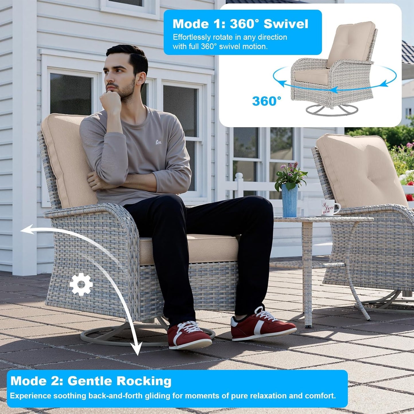 13-Piece Patio Furniture Set, Outdoor Patio Furniture with Swivel Chairs Set, Ottomans, 55,000 BTU Fire Pit Table, Modular Patio Sofa, Dual-Strand Wicker Rattan, Rust-Resistant Frame, Khaki