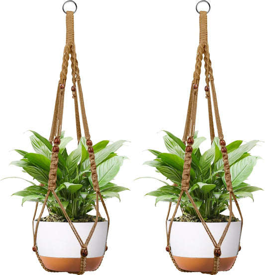 43 Inch Macrame Plant Hanger - Fits 6-15 Inch Pots, Extra Long Hanging Planter Holder for Indoor Outdoor, with Red Wood Beads, Boho Home Decor, 2 Pack, Brown (POTS NOT Included)