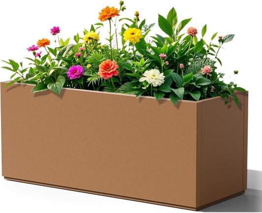 Rectangle Planter for Indoor & Outdoor, Tall and Long Planter Boxes with Drainage Holes, Mental Planter Box All-Weather Use for Plants, Flowers, 38" L x 15" W x 16.3" H, Brown
