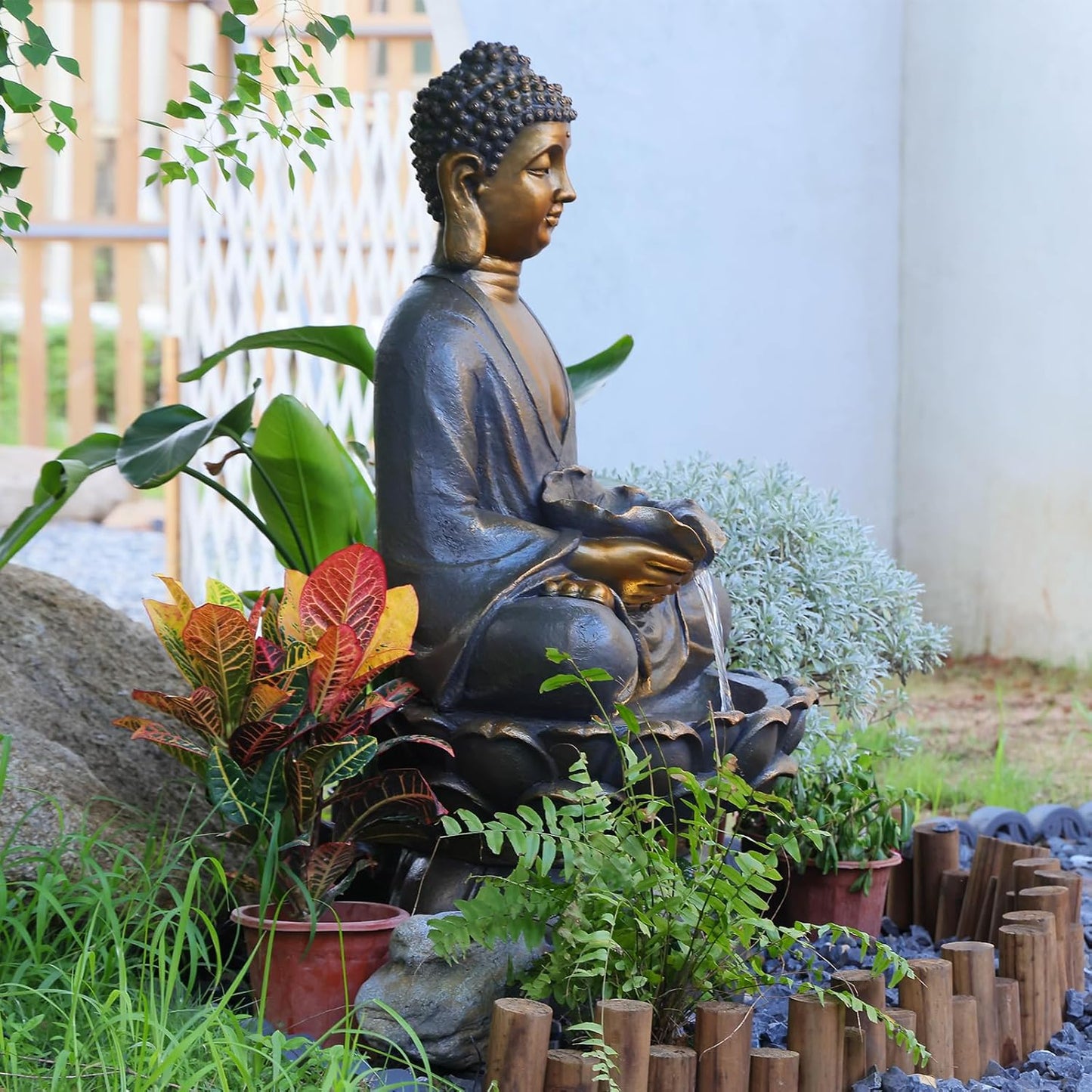 Buddha Water Fountain Outdoor Large Sitting Lotus Base Waterfall Fountains Zen Water Feature Indoor with LED Light for Garden Patio Backyard Deck Lawn Porch Balcony Home 45 inches Gold