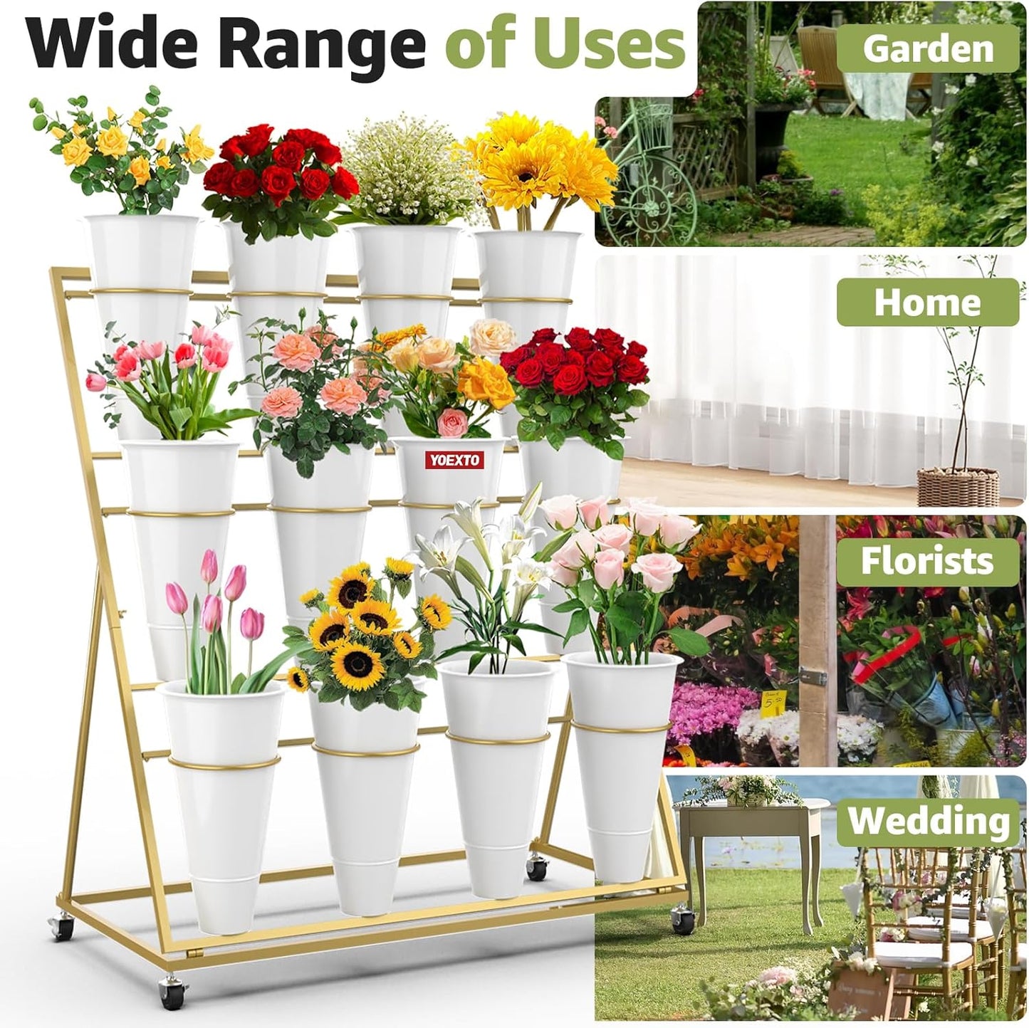 Flower Display Stand 3 Layers with 12 PCS Round Buckets, Plant Stand with Wheels, Movable Metal Plant Stand for Terrace Garden, Florist Shop (Gold Frame, White Buckets, 3-Tier, 12 Buckets)