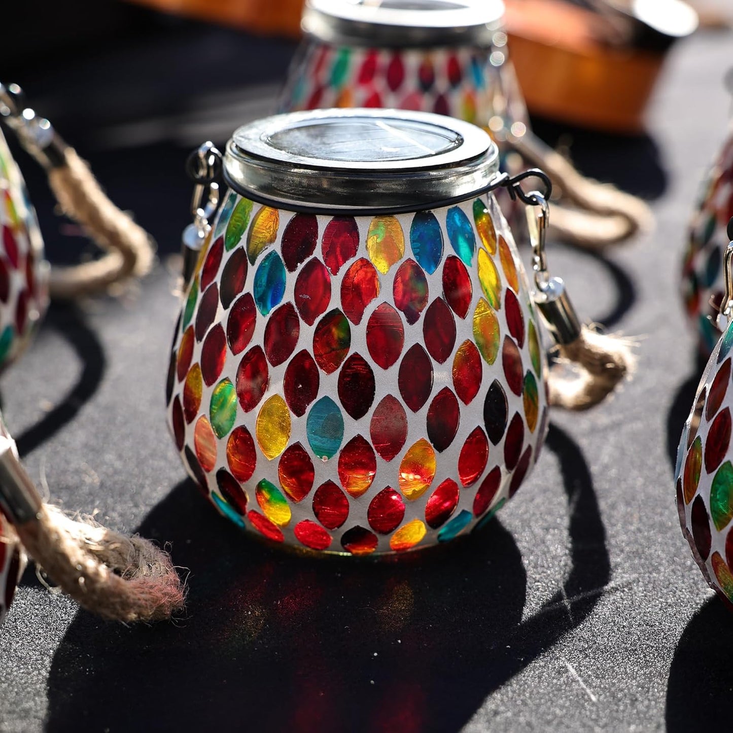 Cooo 2 Pack Mosaic Solar Lantern Outdoor Waterproof IP68 Hanging Projection Light Hidden Lid Pear-Shaped Lantern with Rope Handle Solar Powered Auto On for Patio Garden Fence Table - Crimson Ember