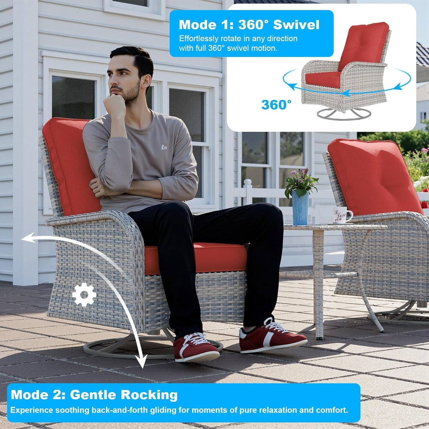 17-Piece Patio Furniture Set, Outdoor Patio Furniture with Swivel Chairs Set, Thick Cushions, Modular Patio Sofa, Dual-Strand Wicker Rattan, Rust-Resistant Frame, Red