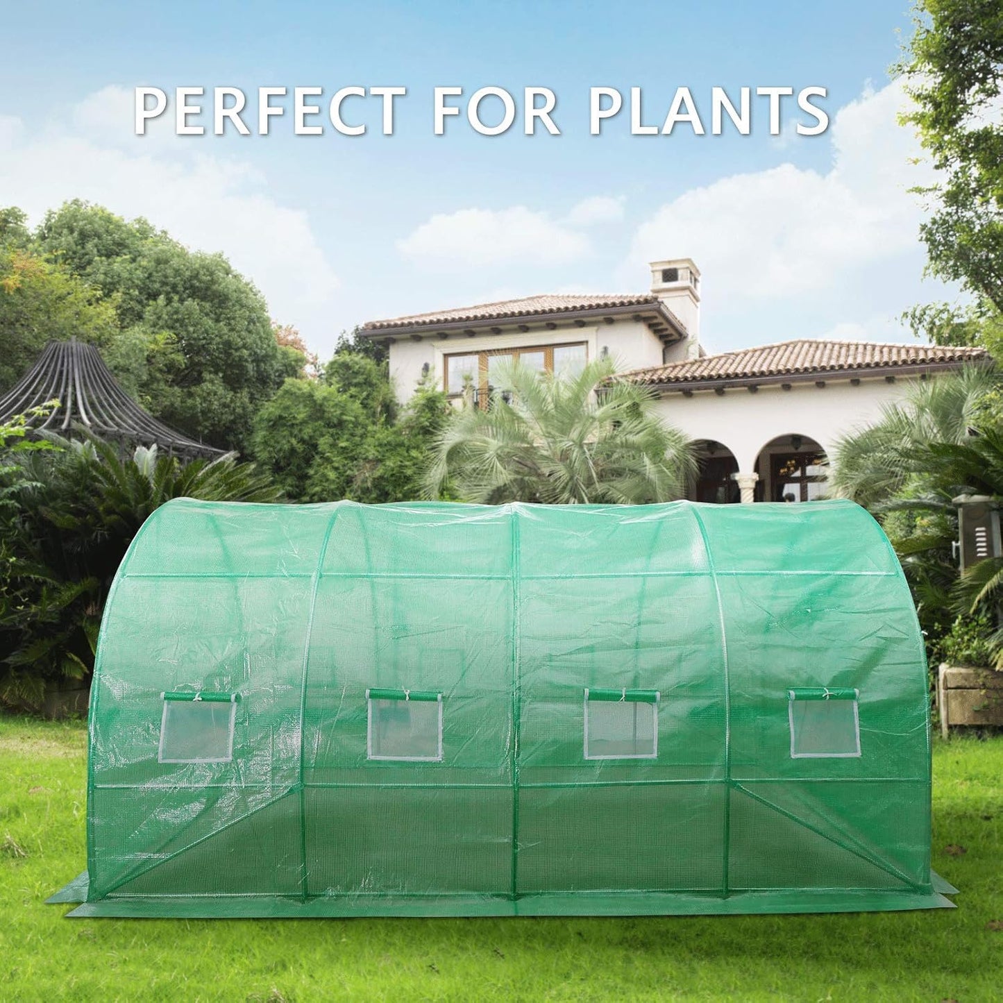 VIVOSUN 13x10x7 Ft. Large Walk in Greenhouse, Greenhouse Tunnel, Garden Plant Hot House with Green PE Cover, Roll-up Zipper Door and Window for Outdoor