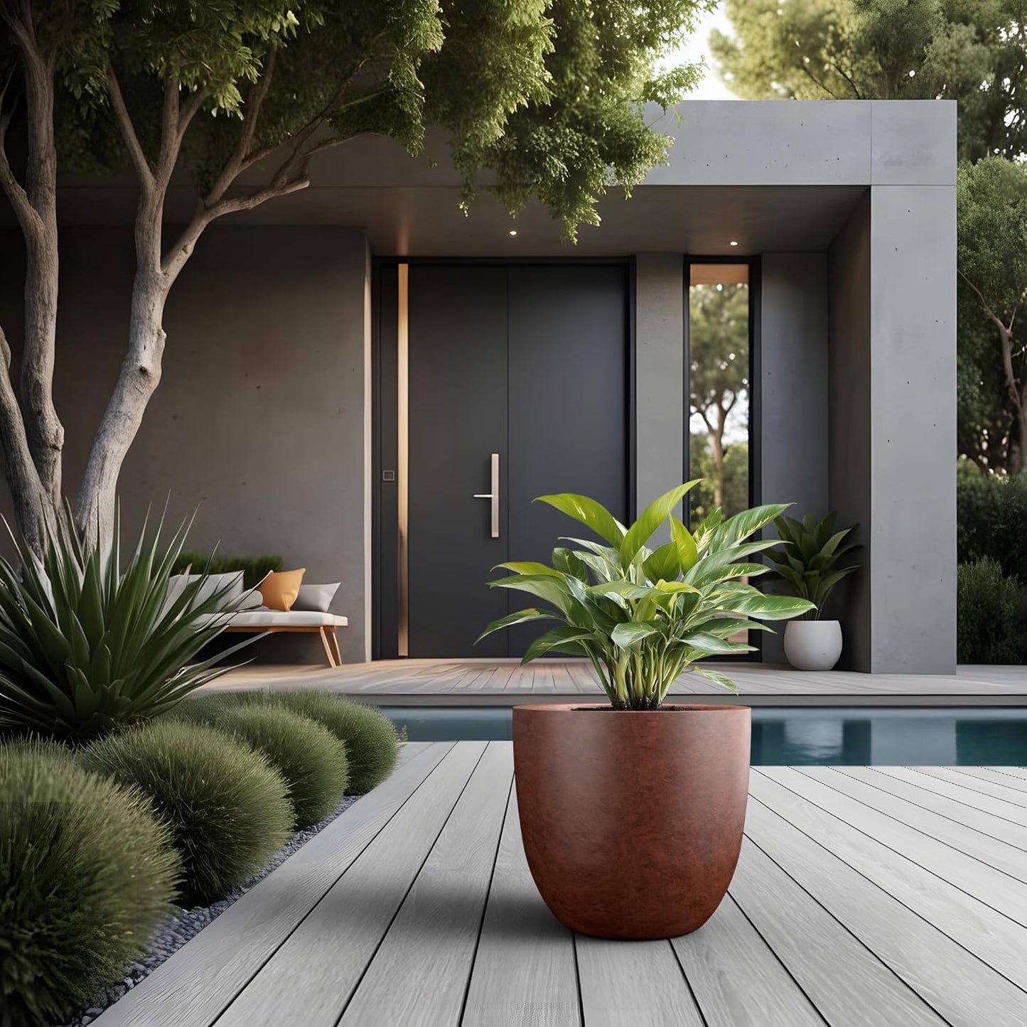 Kante 14 Inch Dia Round Concrete Planter, Indoor Outdoor Large Plant Pot with Drainage Hole and Rubber Plug for Home Patio Garden, Rusty