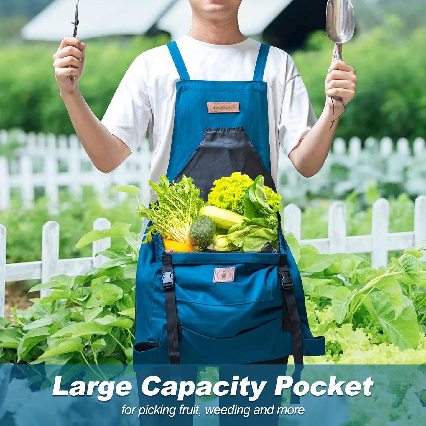 Berry&Bird Harvest Apron, Canvas Gardening Apron with Pockets and Harvesting Pouch Waterproof Harvesting Apron