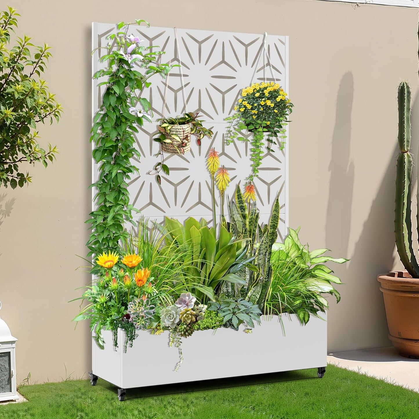 Raised Garden Bed with Trellis and Wheels,73"x47"x16" Metal Raised Garden Bed,White Star Metal Planter with Climbing Trellis for Vines & Vegetables