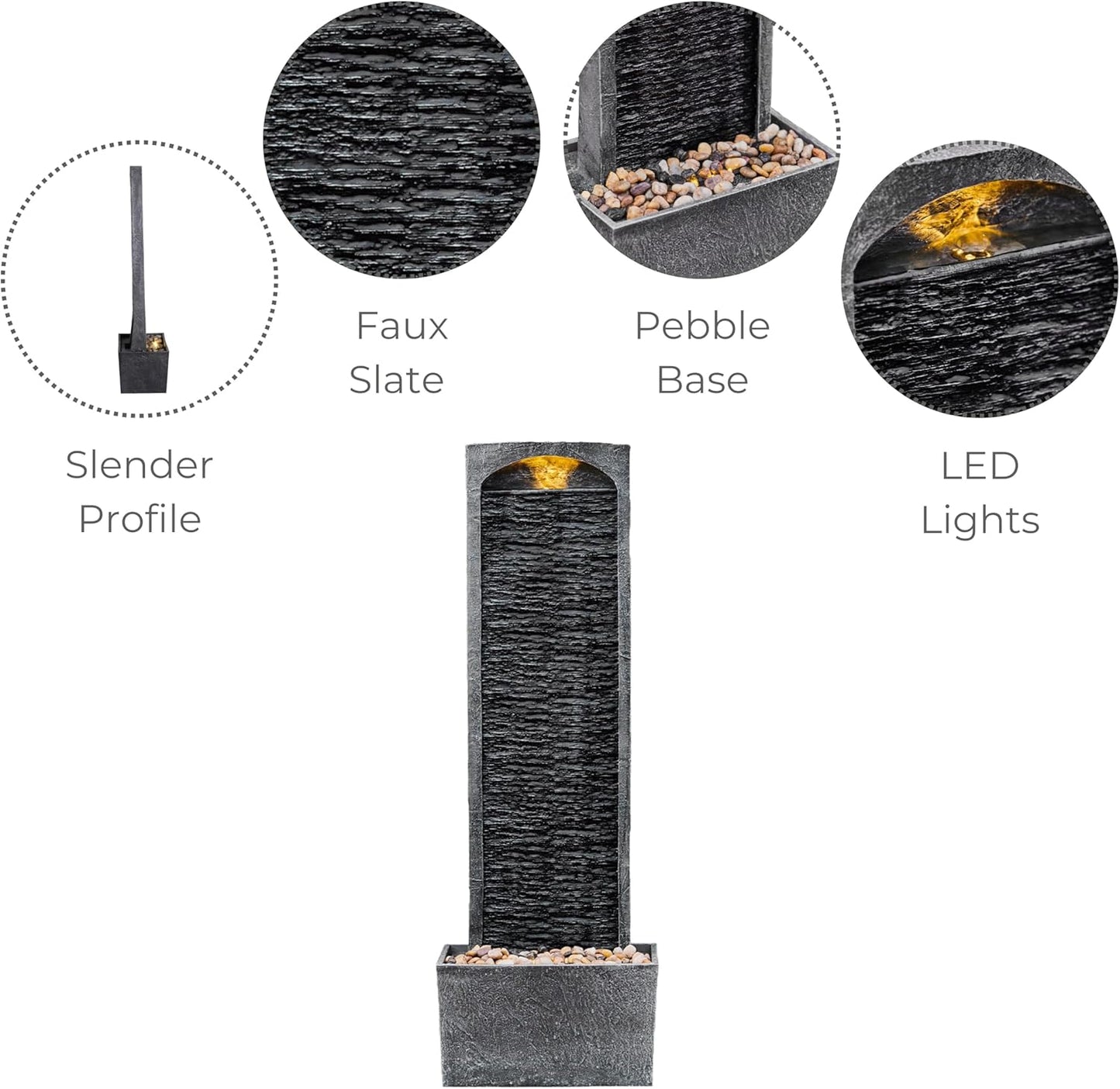 Teamson Home 38.5" Faux Slate Contemporary Outdoor LED Waterfall Fountain with Pebble Base, Gray/Black