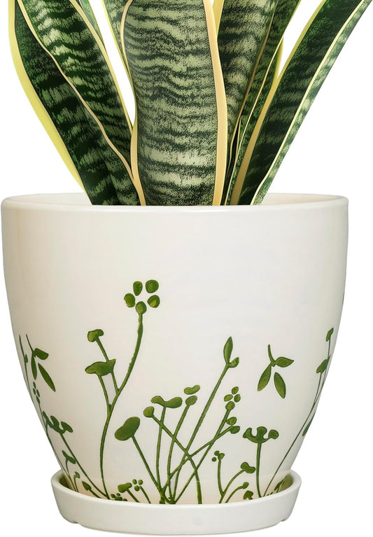 Indoor Plant Pot 8.2 Inch - Ceramic Planter with Drainage Hole and Saucer, Boho Round Decorative Flower Pot for Indoor Outdoor Flowers, Plant Lover Gifts, Office Home Garden Patio Decor, White