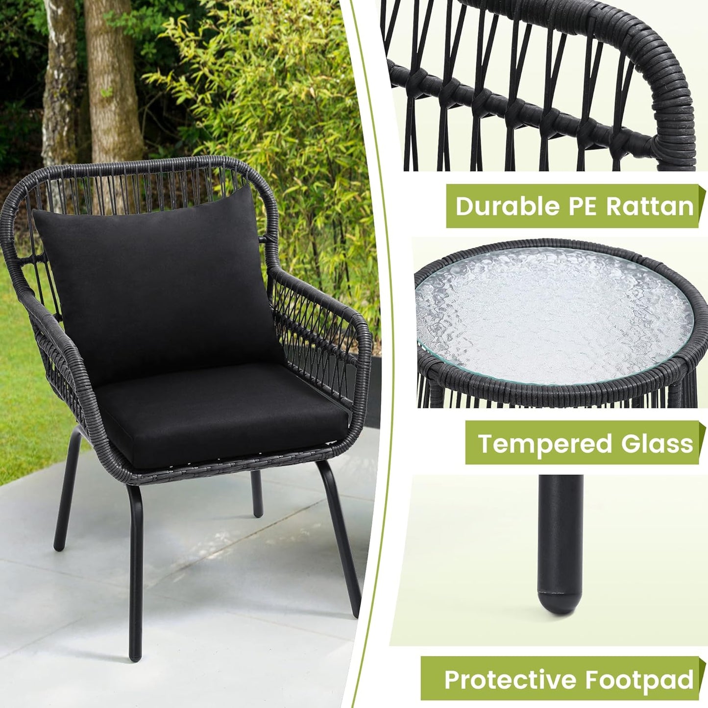 3 Pieces Rattan Wicker Bistro Set, Outdoor Conversation Set, Wicker Furniture Set with Glass Top Table, Space Saving for Balcony, Backyard, Black