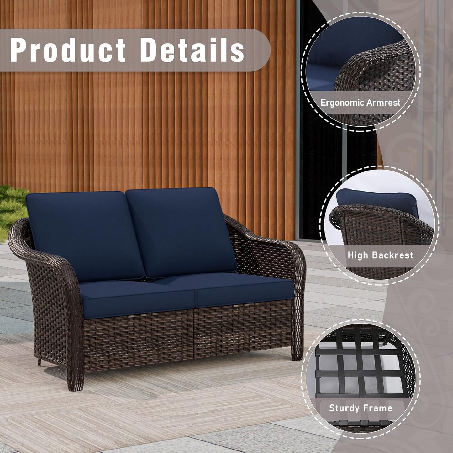 3 Piece Patio Wicker Conversation Set, All-Weather Use Outdoor Wicker Loveseat with 2 PE Rattan 360 Swivel Chair, Ideal for Porch, Backyard, Balcony, Poolside, Blue