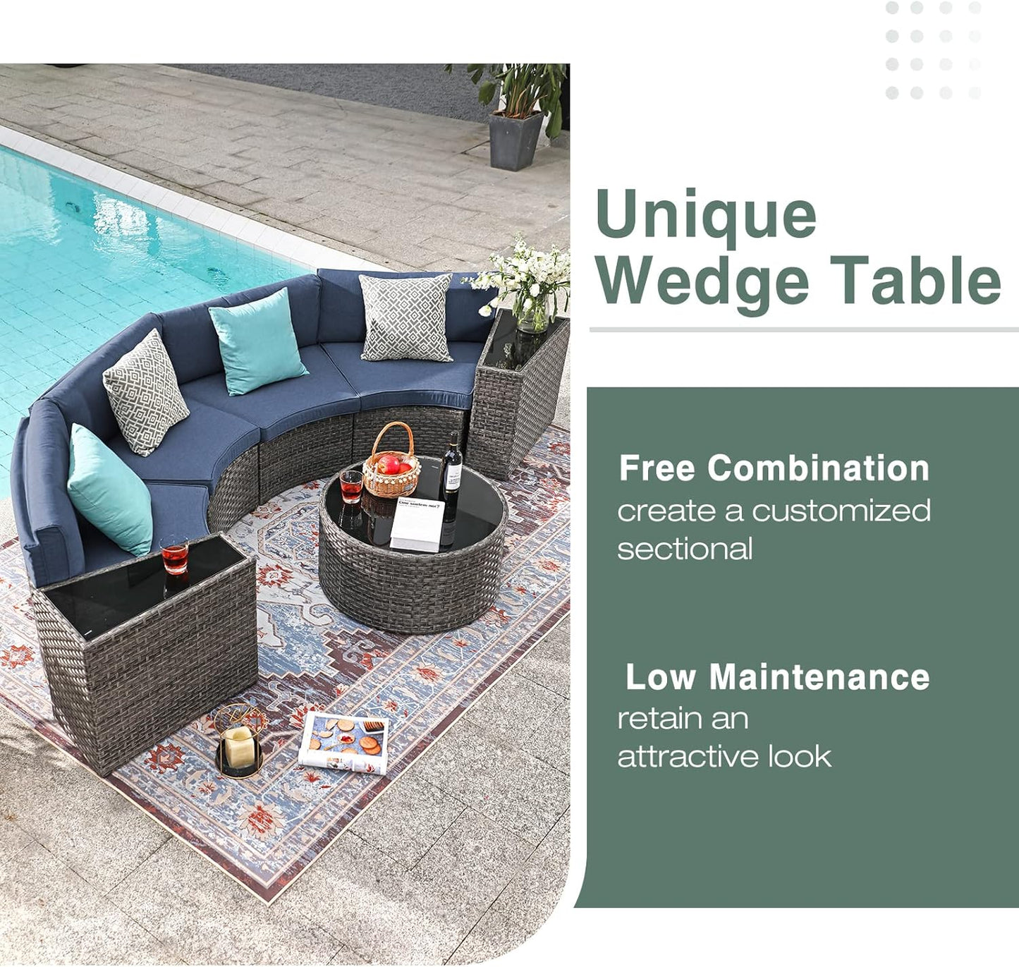 SUNSITT Outdoor Patio Furniture Sectional 7-Piece Half-Moon Curved Outdoor Sofa Set with Round Coffee Table, 4 Pillows & Waterproof Cover, Grey Rattan & Denim Blue Cushion