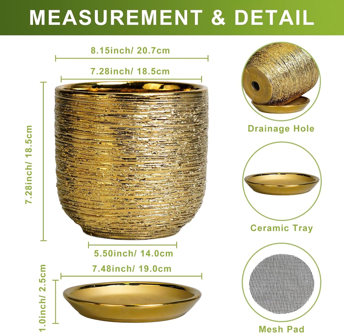 8 Inch Plant Pot - Ceramic Planter with Drainage Hole and Saucer, Modern Round Planter for Indoor Flowers, Gifts for Plant Lovers, Home House Office Room Decor, Gold