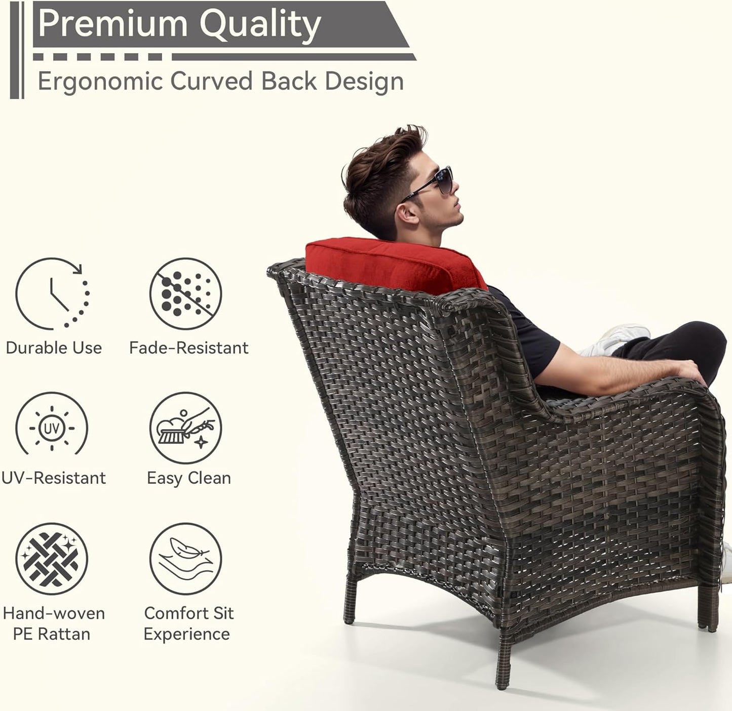 3 Pieces Outdoor Patio Chairs Set - Wicker Patio Conversation Sets with 1 Side Table, Olefin Fabric Cushions Suitable for Backyard Deck and Porch,Red