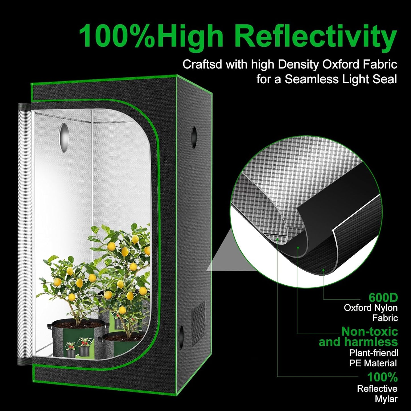 MELONFARM 32"x32"x63'' Grow Tent, High Reflective 600D Diamond Mylar Canvas with Observation Window and Floor Tray for Hydroponic Indoor Plant Growing