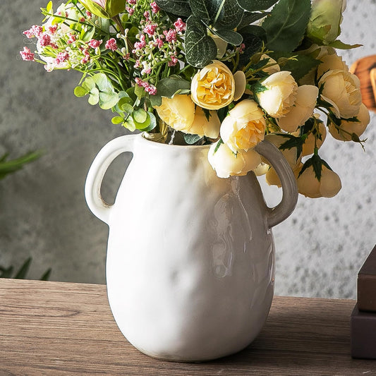 Kimdio White Ceramic Vase with 2 Handles, Modern Farmhouse Vases for Home Decor, Rustic Pottery Vase, Decorative Terracotta Flower Vase, Clay Small Vase, Centerpieces for Dining Table