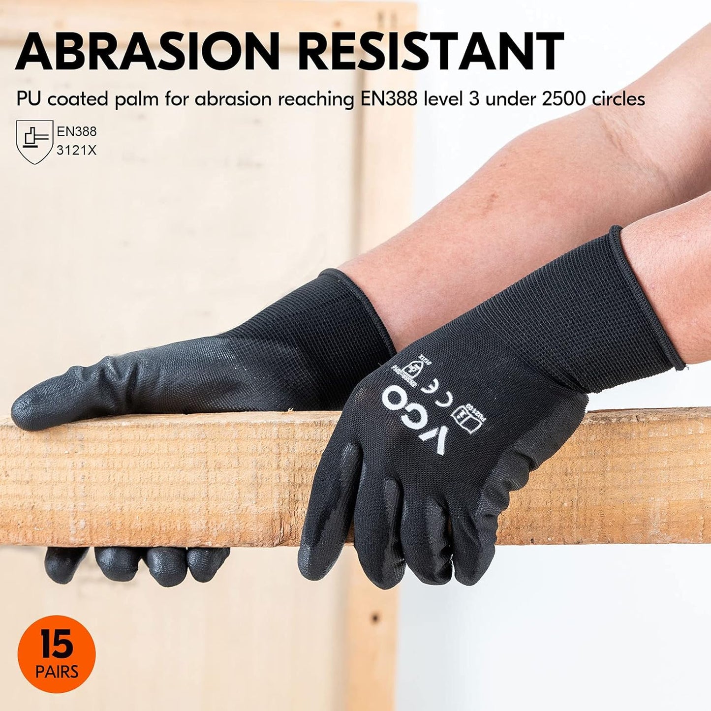 Vgo... 15-Pairs Safety Work Gloves, Gardening Gloves, Polyurethane Coated, Dipping Gloves, Latex Free (Size XL, Black, PU2103)