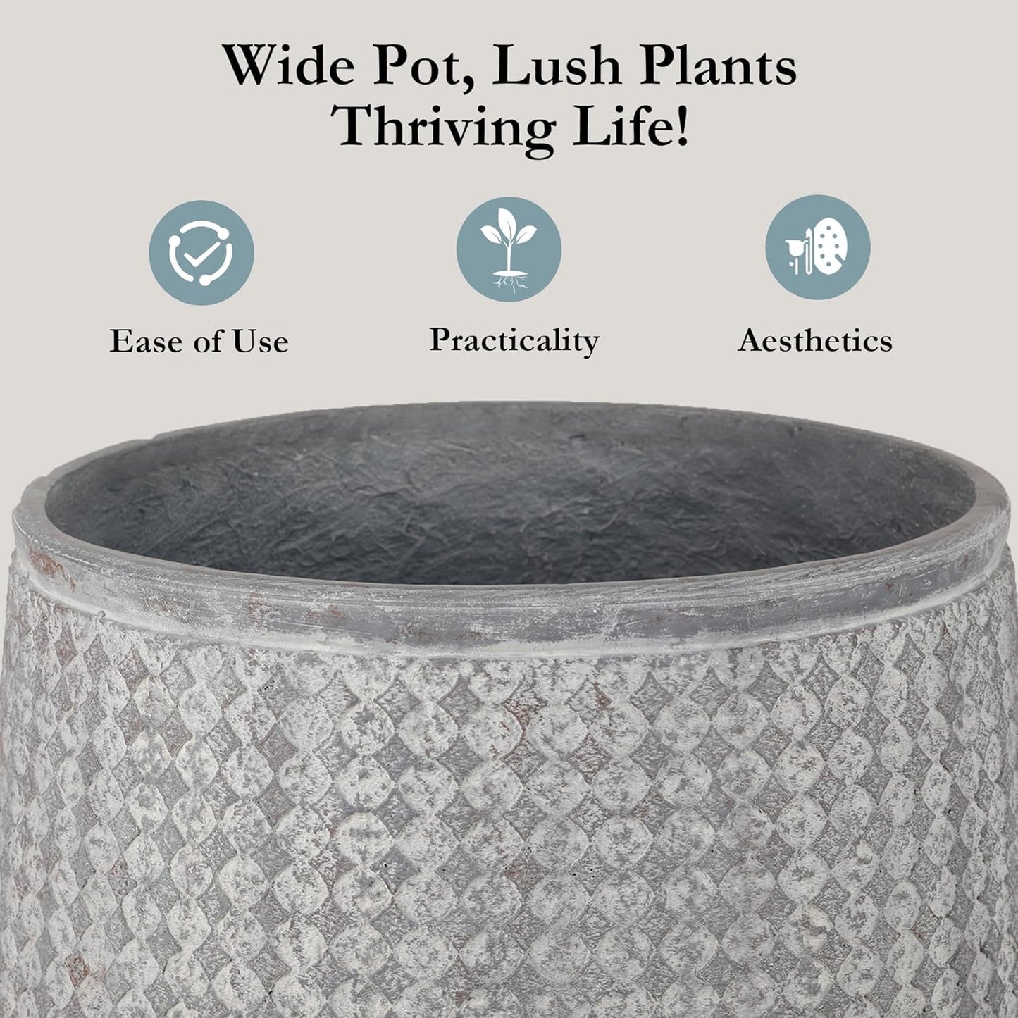 Worth Garden Large Grey Round Planter – 14.5" Dia x 17.5" H Lightweight Magnesium Oxide Cement Plant Pot with Texture – Raised Pattern Concrete Look – Drainage Hole – Indoor & Outdoor Use