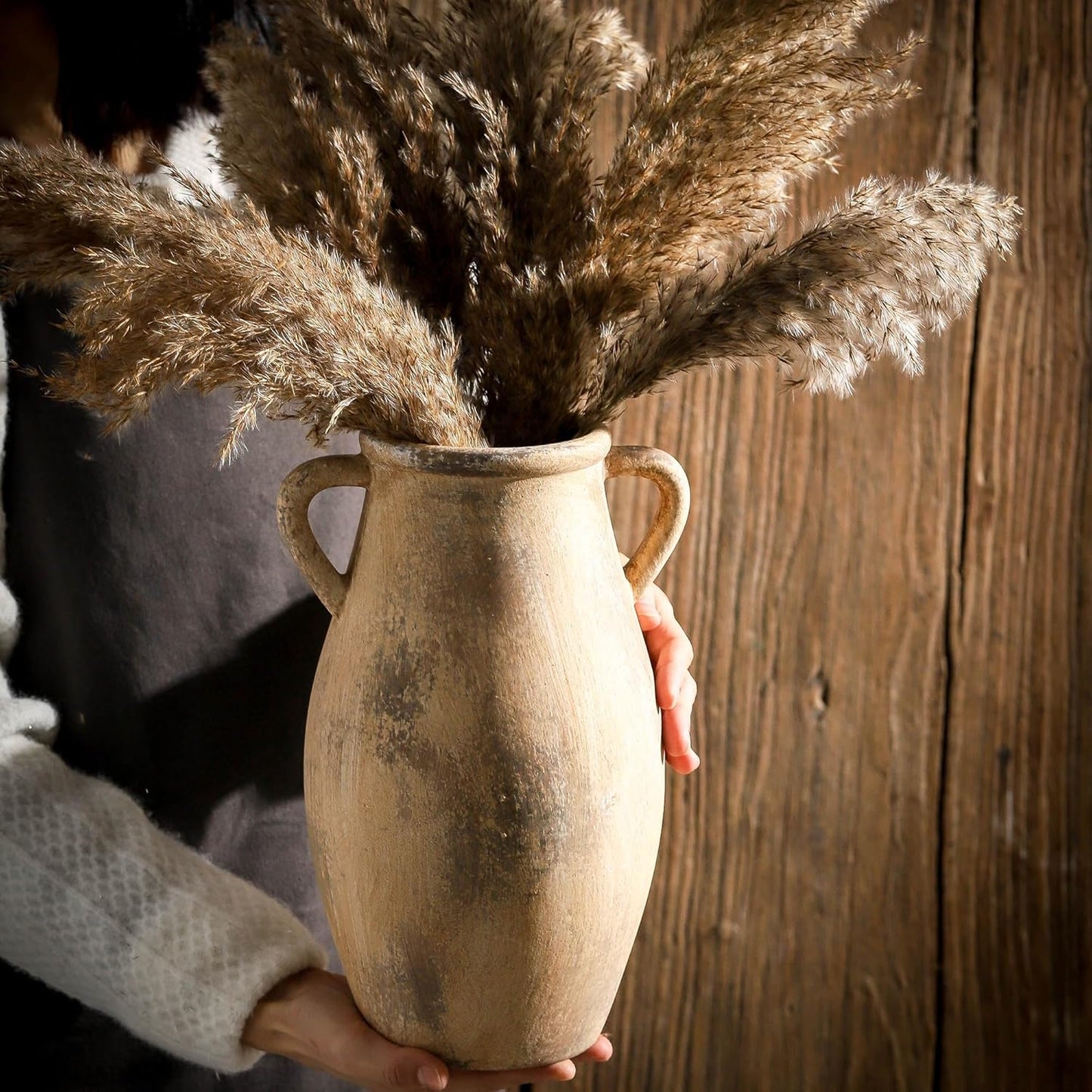 Large Ceramic Vase,11.3 inch Tall Farmhouse Flower Vase with 2 Handles,Terracotta Decorative Flower Vase for Home Decor, Living Room Entryway Table Centerpiece Decor