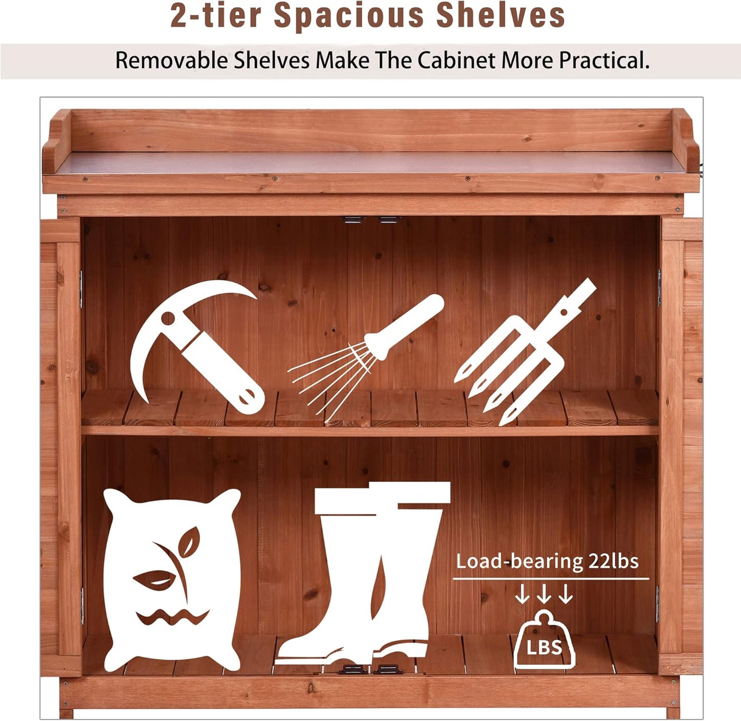 Merax Outdoor 39" Potting Bench Table, Rustic Garden Wood Workstation, Storage Cabinet with 2-Tier Shelves and Side Hook, Orange