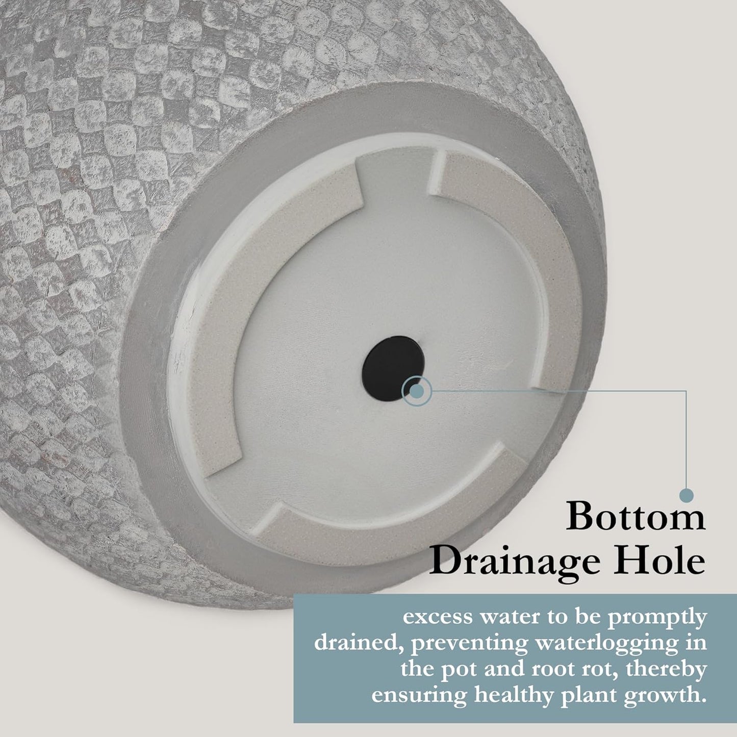 Worth Garden 12" Dia x 15" H Grey Round Planter – Lightweight Magnesium Oxide Cement Plant Pot with Texture – Raised Pattern Concrete Look – Drainage Hole – Indoor & Outdoor Use