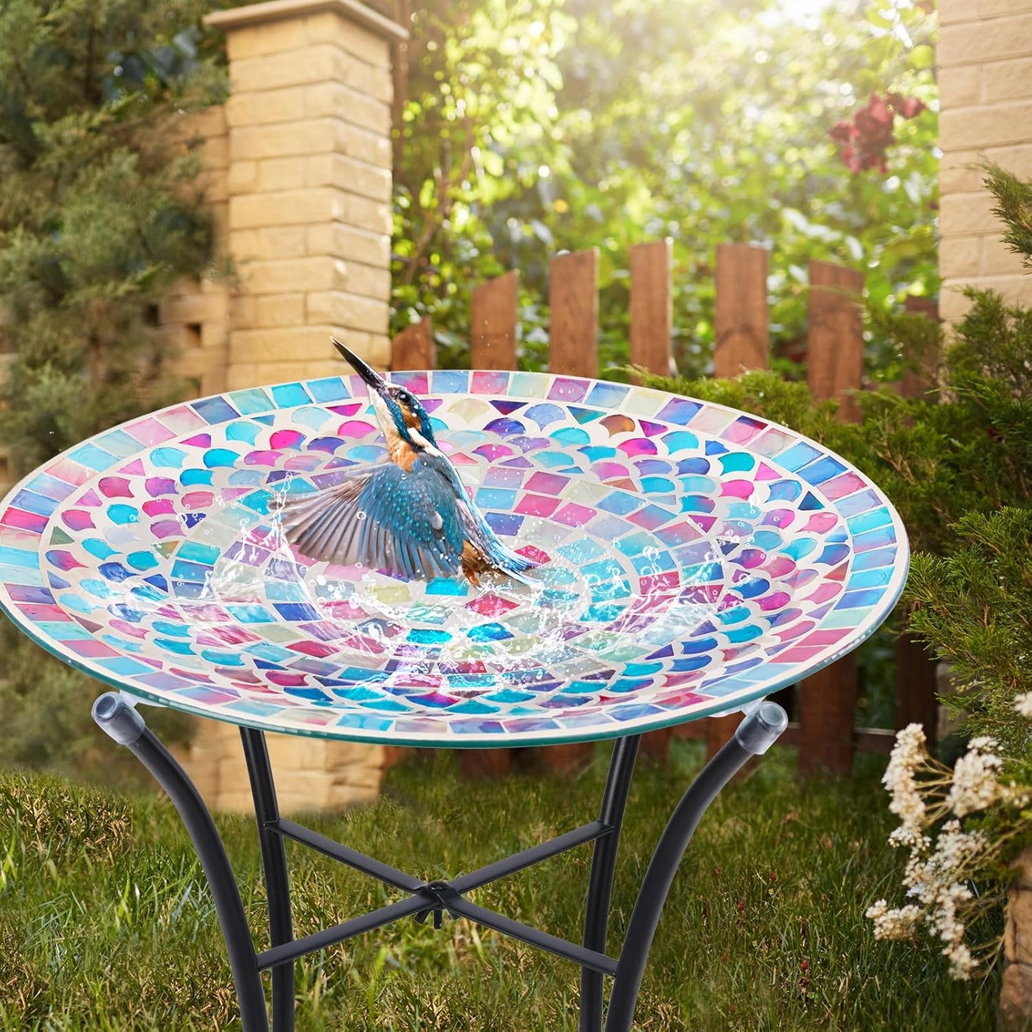 VCUTEKA Bird Baths for Outdoors, Mosaic Bird Bath with Metal Standing for Garden, Yards Patio Décor, Bird Lovers Gift, Glass Birdbath Detachable (20" H * 14" W)