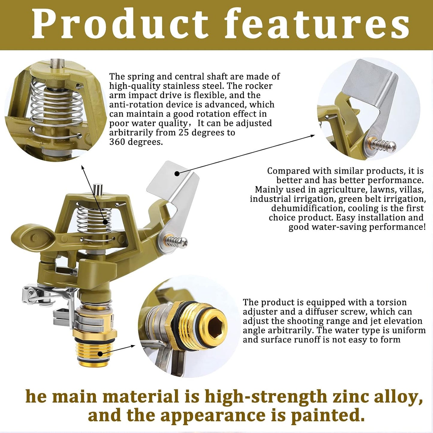 2 Pieces 1/2 Inch Brass Impact Sprinkler, Heavy Duty Sprinkler Head with Nozzles, Adjustable 0-360 Degrees Watering Sprinklers for Yard, Lawn and Grass Irrigation