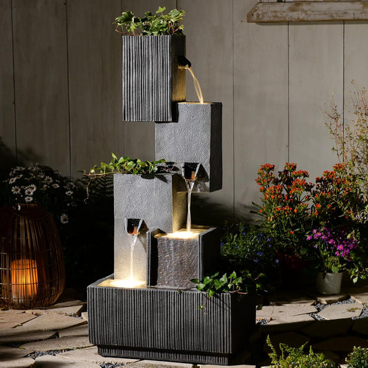 42" H Outdoor Water Fountain Garden Waterfalls - Large Water Feature Geometric Stacking Waterfall Fountains Planter with Lights for Patio Backyard Deck Porch Deck and Home Decor, Gray