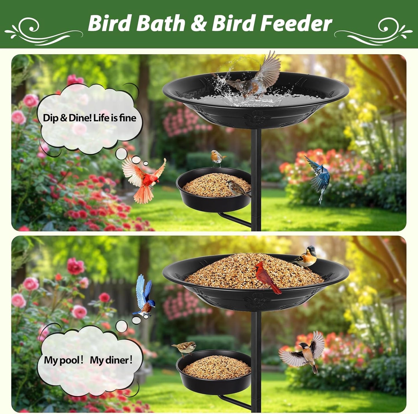 BOLITE Bird Bath for Outside, Metal Freestanding Birdbaths with Large Water Basin, Small Water Basin and Two Small Seed Bowls, Outdoors Garden Patio Yard Lawn Decor, Upgraded 5-Pronged Base, Black