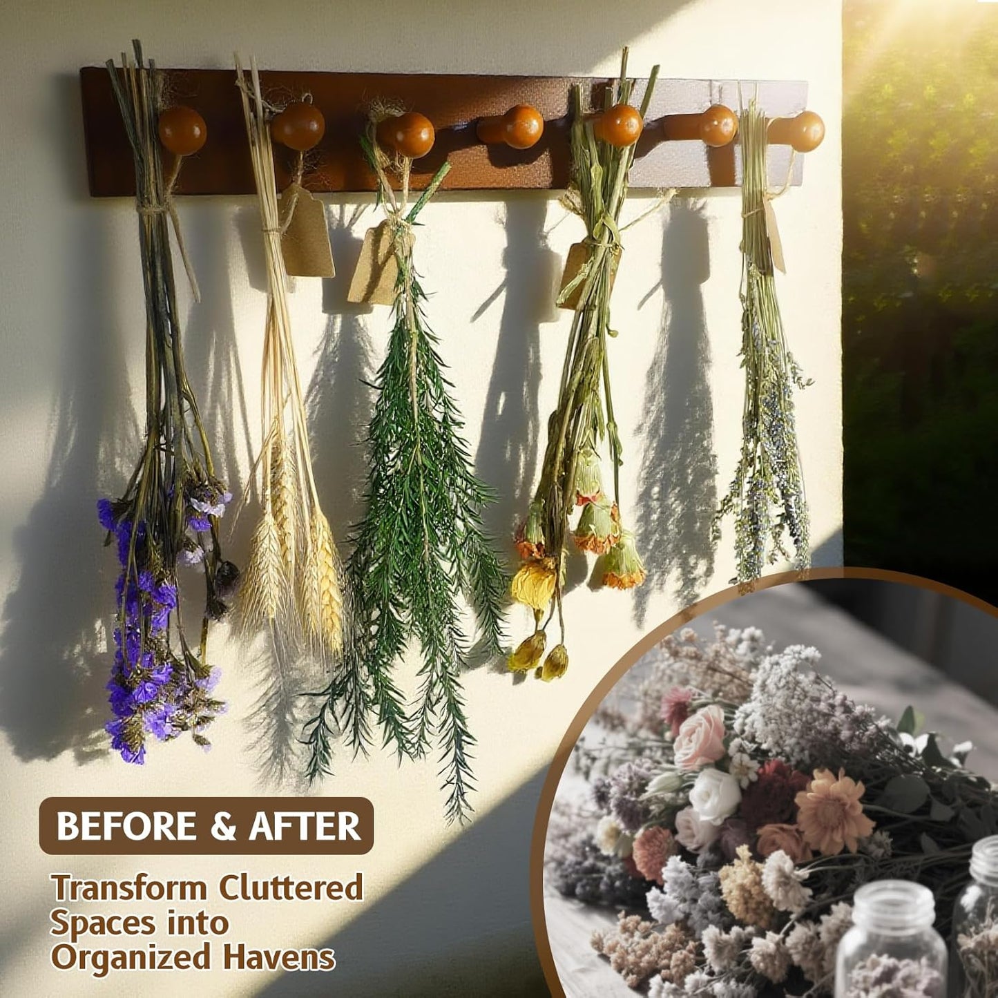 Rustic Hanging Herb Drying Rack–Space-Saving Design Holds 7 Bouquets,Fits Window,Door Kitchen Areas-Great for Kitchen Witches Herb Display-Unique Gift for Gardening Enthusiasts-Wall Art Décor