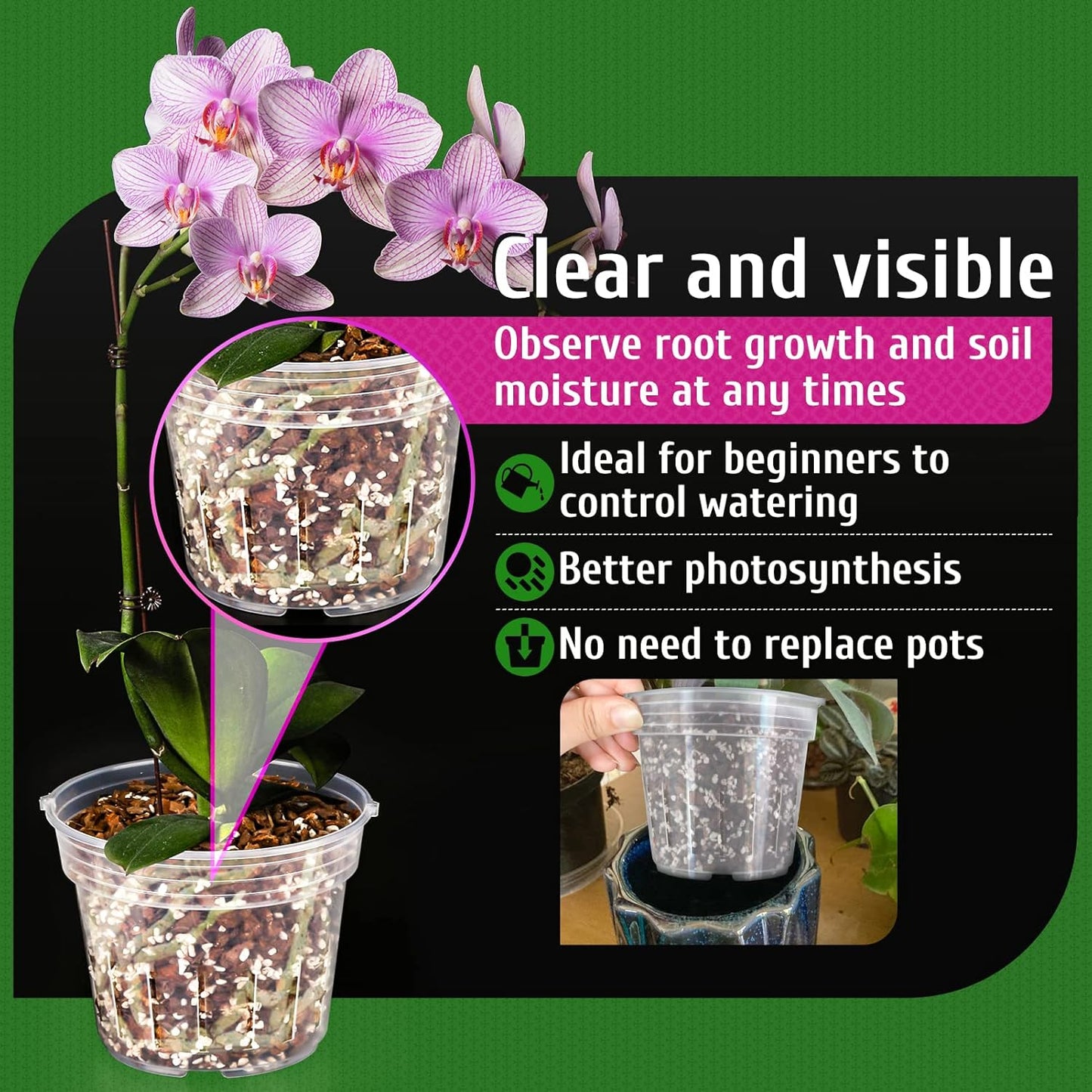 Orchid Pot, 9 Pack Orchid Pots with Holes, 3 Each of 4.8, 5.7 and 6.4 Inch Clear Flower Planter for Repotting, Plastic Slotted Nursery Planters Indoor Outdoor