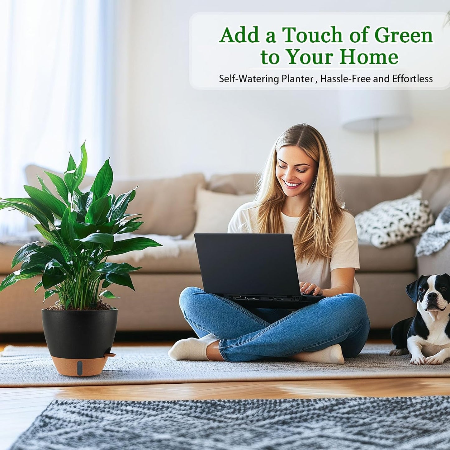 2 Pack 10 inch Plant Pots, Plastic Self Watering Planters with Drainage Holes, Deep Reservoir, Water Level Indicator, Modern Decorative Flower Pots for Indoor Outdoor Plants (Black, 10 inch)