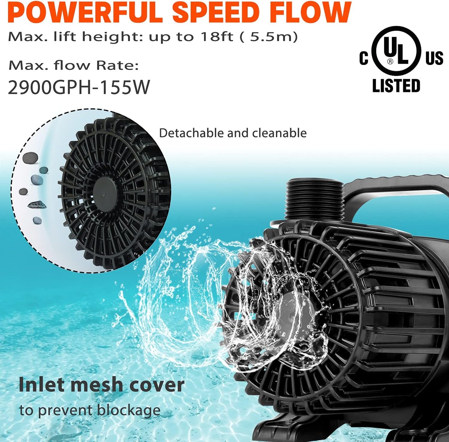 WaterRebirth (2900GPH-155W,UL listed) High Flow Large Fountain Submersible Water Pond Sump Pump Aquarium Electric Waterfall Pump Outdoor PS- 2900