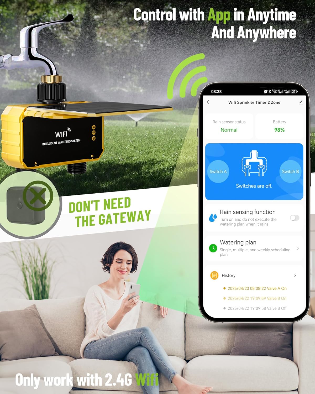 Smart WiFi Water Timer 2 Zone No Need Gateway, Solar WiFi Sprinkler Valve Timer for Garden Hose APP & Remote Control Alexa & Google Voice Compatible,Rain Delay, Manual Mode Sprinkler System