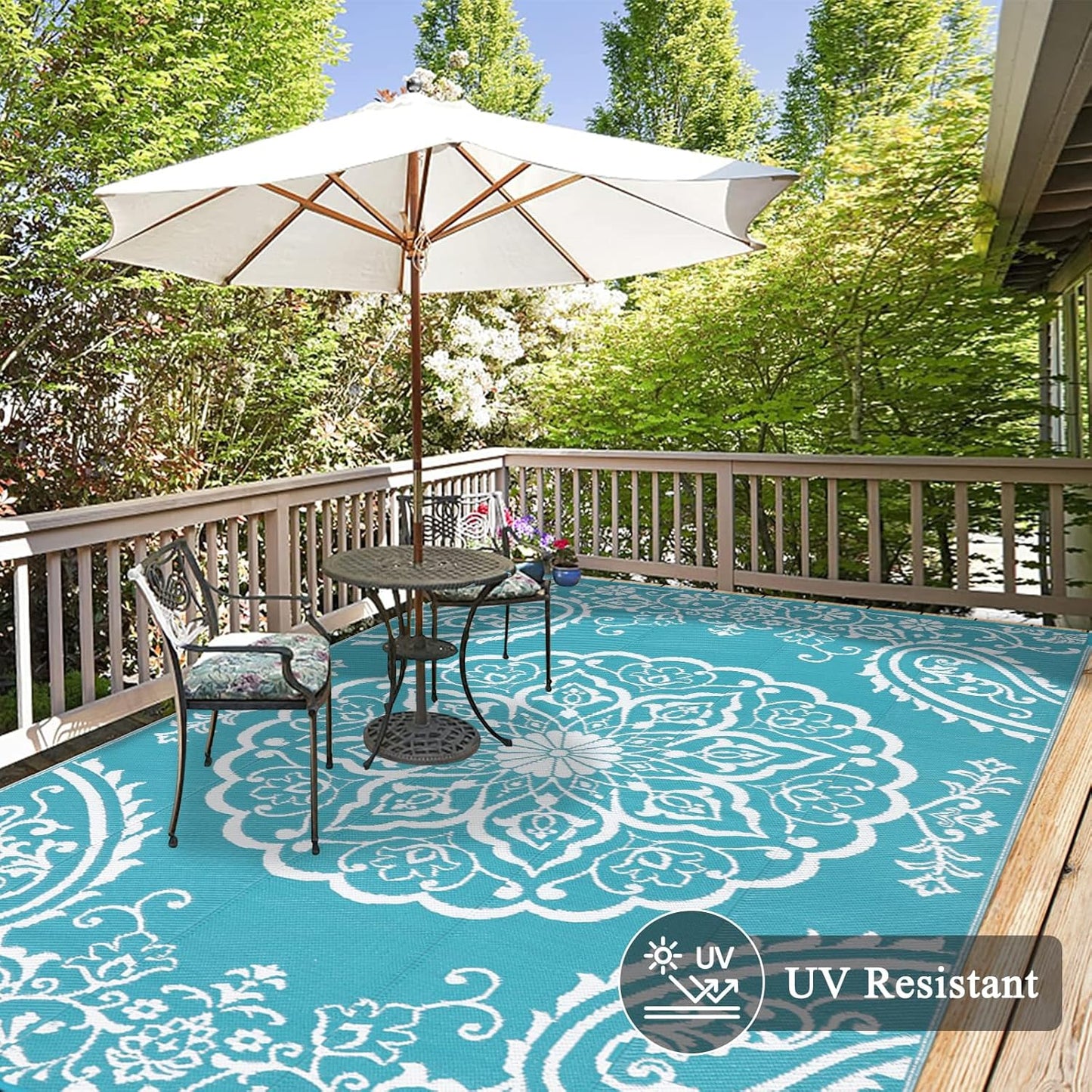 Pauwer Waterproof Outdoor Rug 10x14, Reversible Plastic Straw Patio Camping Rug, Indoor Outdoor RV Mat Carpet for Deck, Camper, Porch, Balcony, Backyard, Picnic, Boho Teal