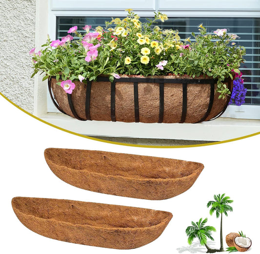 STONESTAR 2-Pack Coconut Liners for Planters 24 inch, Half-Moon Shape Window Box Liners Coconut Planter Liners Replacement, Trough Coco Liners for Planters Flower Baskets (24 inch)