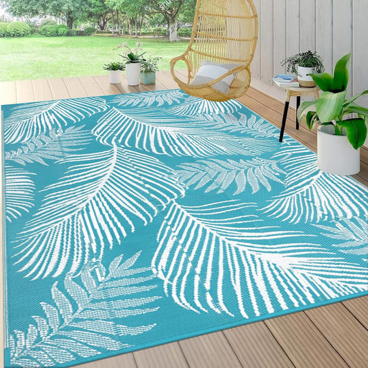 Pauwer Waterproof Outdoor Rug 6x9, Reversible Plastic Straw Patio Camping Rug, Indoor Outdoor RV Mat Carpet for Deck, Camper, Porch, Balcony, Backyard, Picnic, Leaf Teal