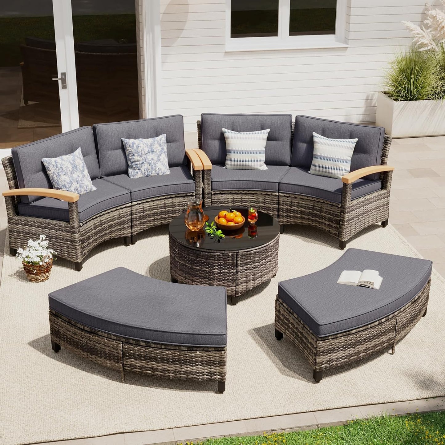 8 Piece Outdoor Patio Furniture Set, Half-Moon Curved Sectional Set with Wood Armrests, 2 Half-Moon Ottomans, Round Table (Grey)