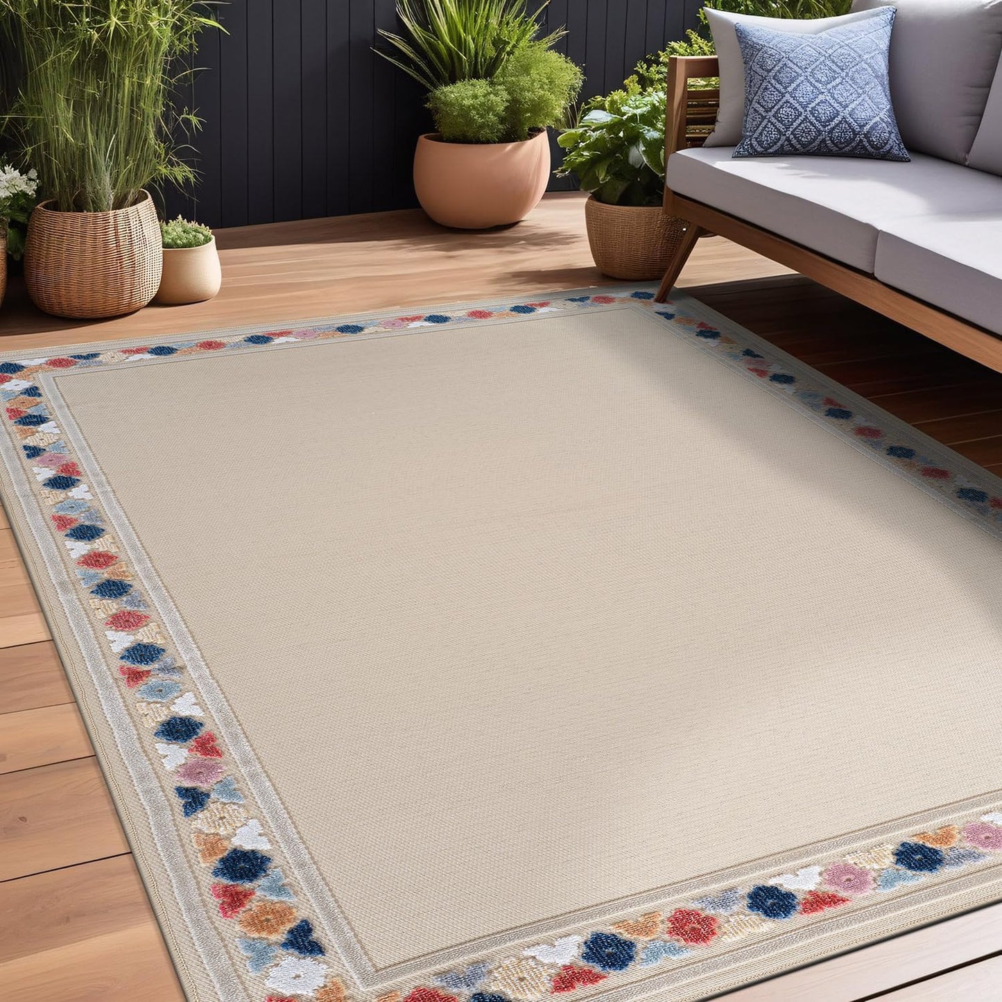 Beverly Rug Outdoor Rug 4x6 Modern Bordered Area Rugs for Indoor and Outdoor Patio Easy to Clean Non Shedding Living Room Porch Garden Washable Outside Carpet (4 x 6 Beige)