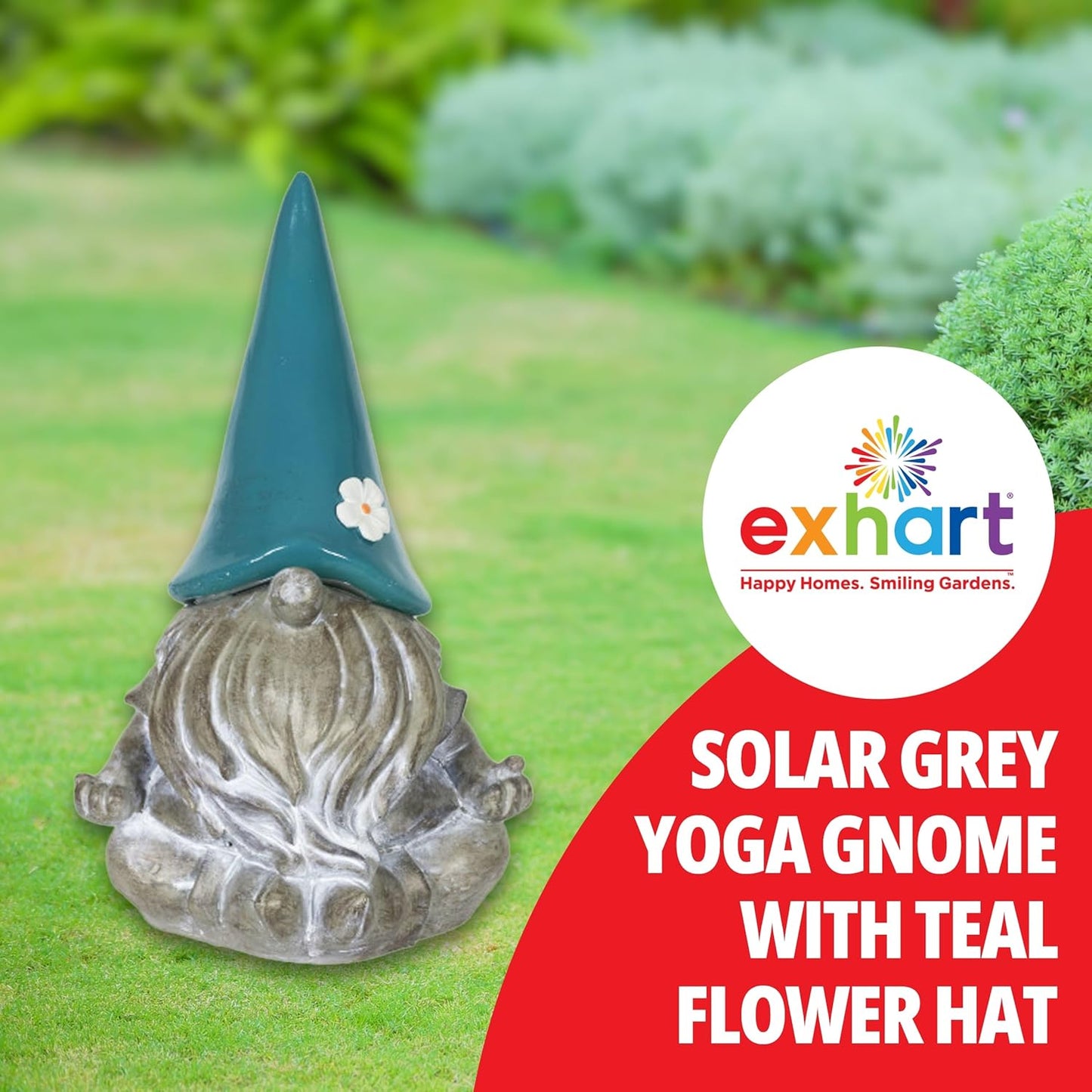 Exhart Garden Sculpture, Meditating Yoga Solar Garden Gnome Statue, LED Flower Hat, Outdoor Garden Decoration, 7 x 11.5 Inch, Teal
