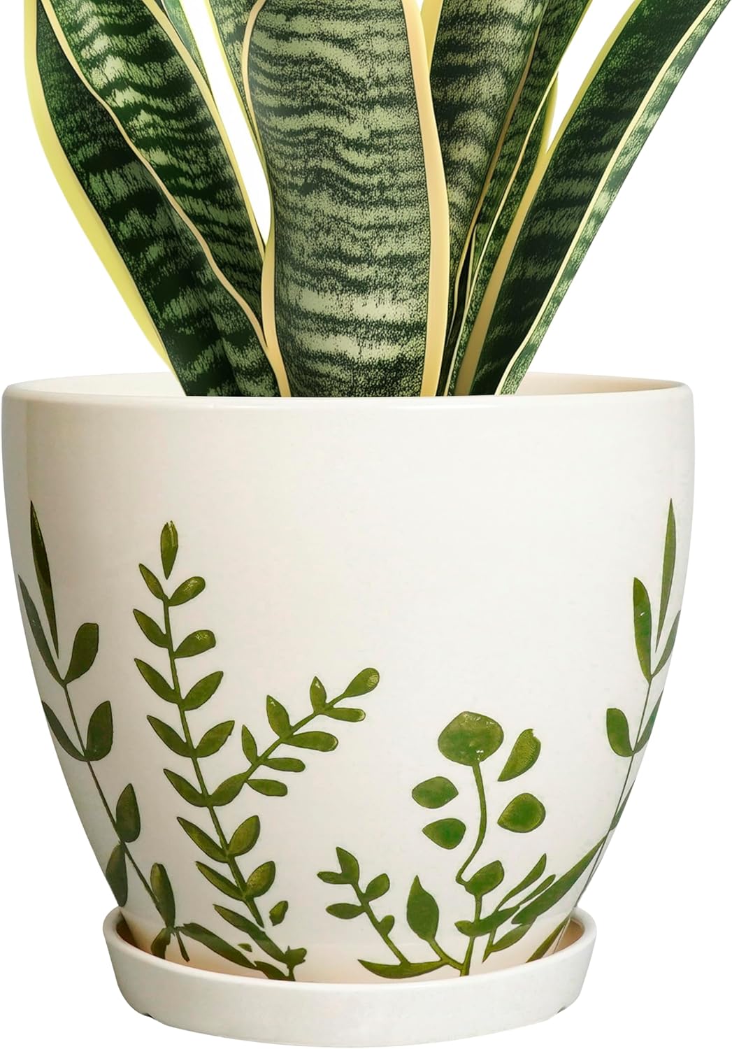 Ceramic Pot for Plants 8.2 Inch - Indoor Plant Pot with Drainage Hole and Saucer, Decorative Boho Round Outdoor Planter, Gardening Gifts for Women Men, Room Patio Office Home Decor, White