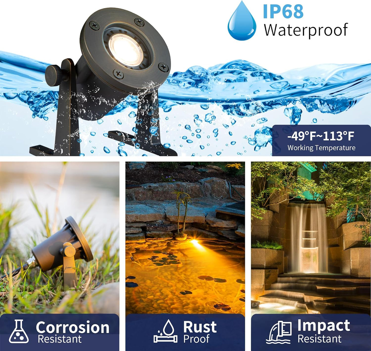 Bronze Pond Light - 12V Low Voltage Solid Brass Submersible Pondlight, IP68 Waterproof Fixture with 2700K MR16 LED Bulb for Outdoor Garden, Landscape, Waterfall, Fountain Lighting(8 Pack)