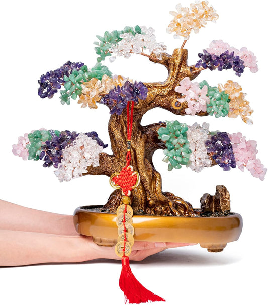 Natural Chakra Gemstone Crystal Bonsai Tree of Life Large Feng Shui Money Tree for Luck and Wealth Desk Decoration(1,251 Gem Count)